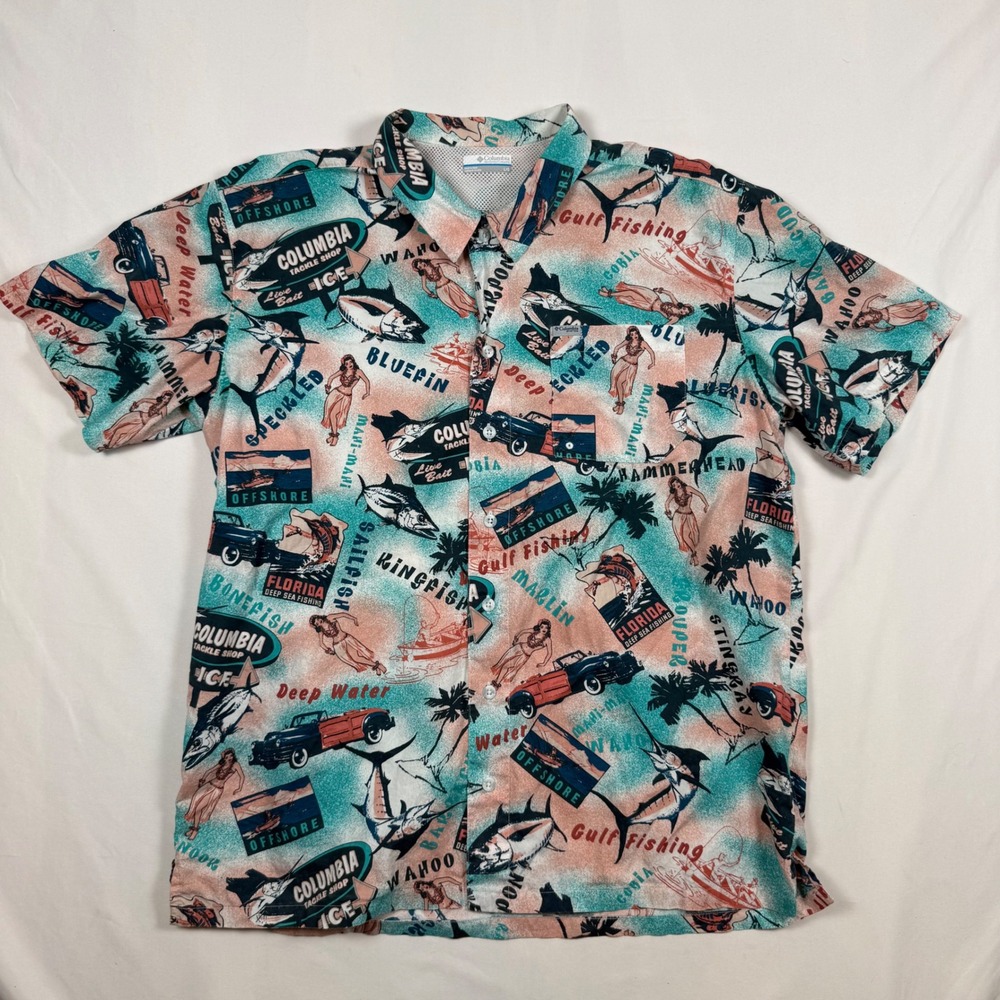 Columbia PFG Mens Large Florida Deep Sea Fishing Pinup Girl Button Down Shirt